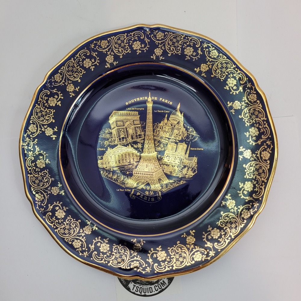 Florance Limoges Souvenir de Paris Plate Cobalt Blue Gold Gilt French Porcelain‎